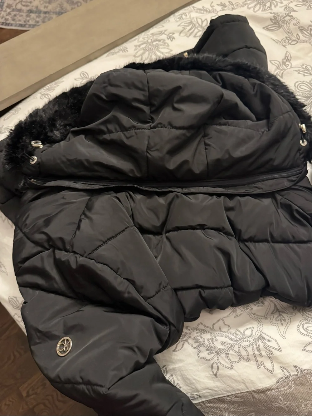 Calvin Klein Black Puffer Jacket Detachable Faux Fur Hood Women’s XXL